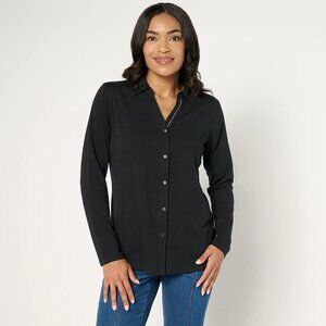 Denim & Co. Essentials So Soft Jersey Lurex Detail Button Up Top - Sz 4X a69775